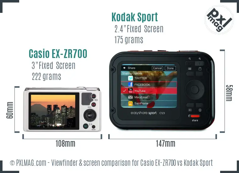 Casio EX-ZR700 vs Kodak Sport Screen and Viewfinder comparison