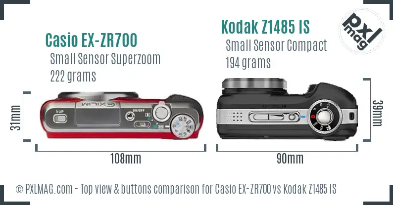 Casio EX-ZR700 vs Kodak Z1485 IS top view buttons comparison