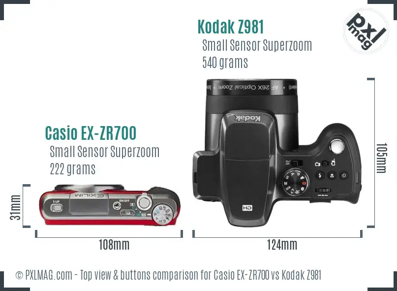 Casio EX-ZR700 vs Kodak Z981 top view buttons comparison Casio EX-ZR700 vs Kodak Z981 top view buttons comparison