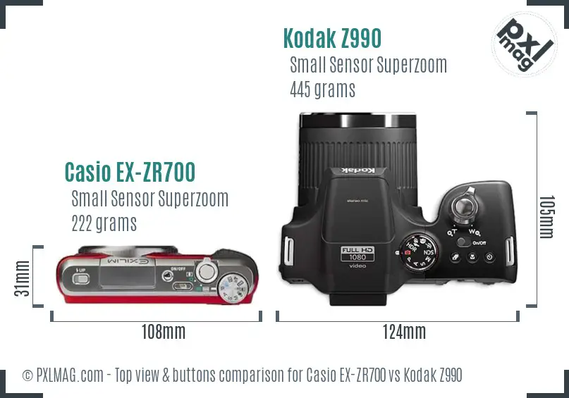 Casio EX-ZR700 vs Kodak Z990 top view buttons comparison