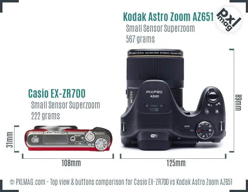 Casio EX-ZR700 vs Kodak Astro Zoom AZ651 top view buttons comparison Casio EX-ZR700 vs Kodak Astro Zoom AZ651 top view buttons comparison