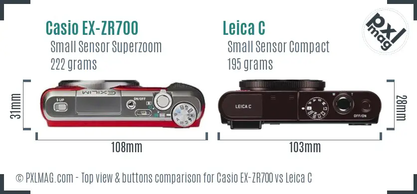 Casio EX-ZR700 vs Leica C top view buttons comparison Casio EX-ZR700 vs Leica C top view buttons comparison