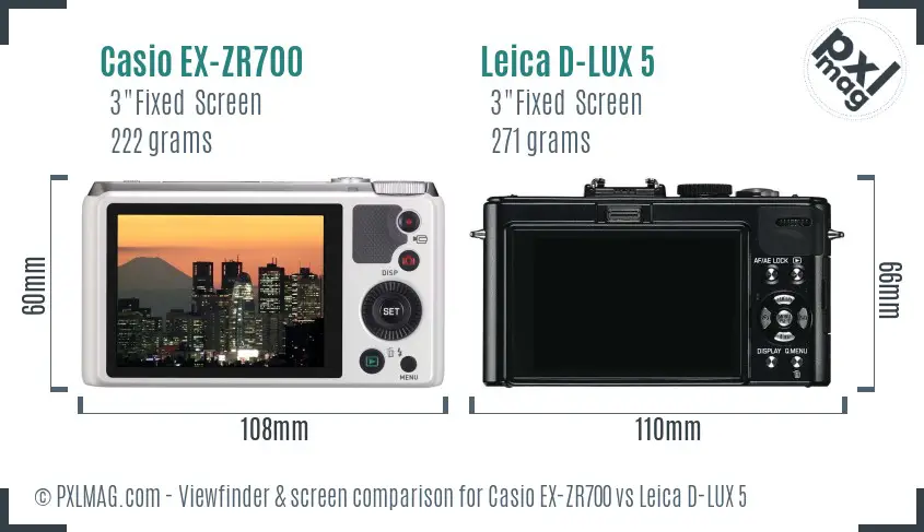 Casio EX-ZR700 vs Leica D-LUX 5 Screen and Viewfinder comparison