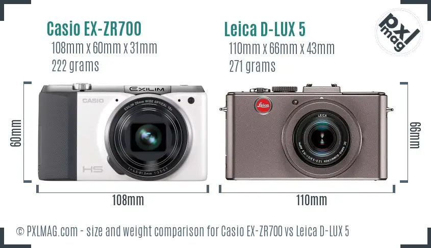 Casio EX-ZR700 vs Leica D-LUX 5 size comparison