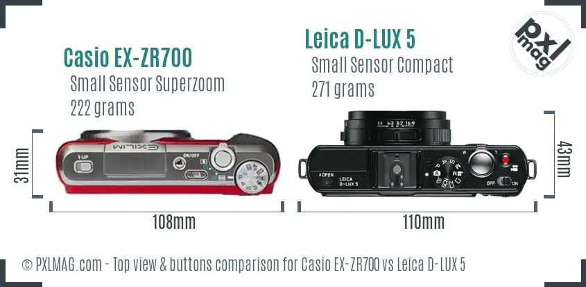 Casio EX-ZR700 vs Leica D-LUX 5 top view buttons comparison