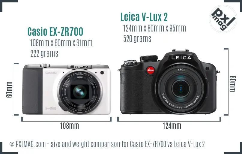 Casio EX-ZR700 vs Leica V-Lux 2 size comparison Casio EX-ZR700 vs Leica V-Lux 2 size comparison