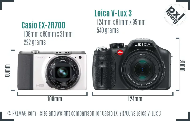 Casio EX-ZR700 vs Leica V-Lux 3 size comparison Casio EX-ZR700 vs Leica V-Lux 3 size comparison