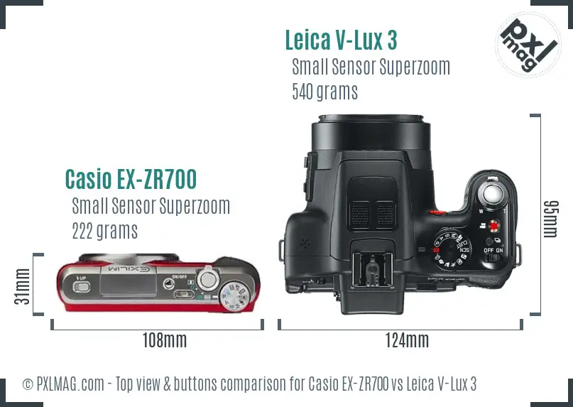 Casio EX-ZR700 vs Leica V-Lux 3 top view buttons comparison Casio EX-ZR700 vs Leica V-Lux 3 top view buttons comparison