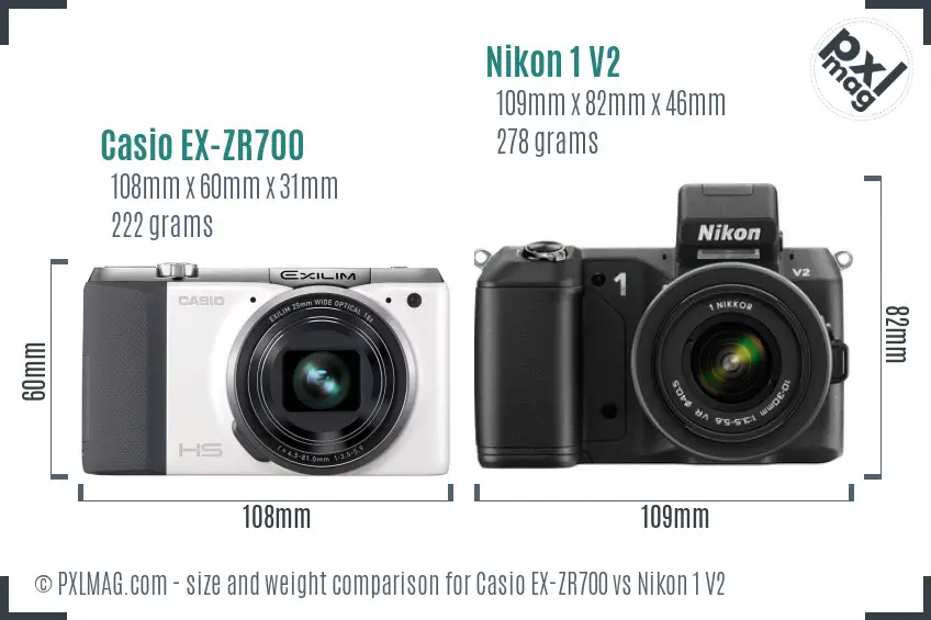 Casio EX-ZR700 vs Nikon 1 V2 size comparison