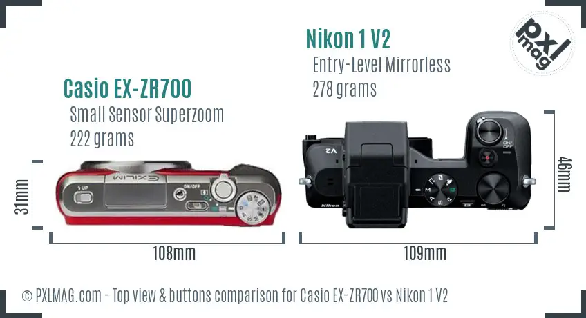 Casio EX-ZR700 vs Nikon 1 V2 top view buttons comparison