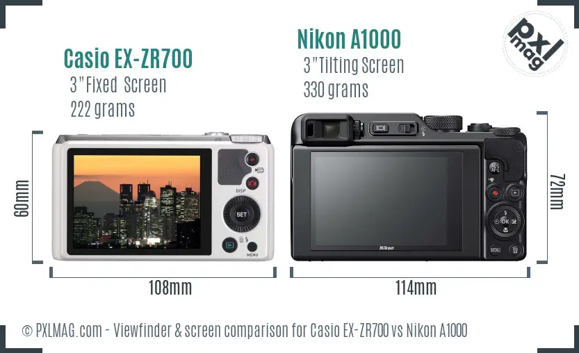 Casio EX-ZR700 vs Nikon A1000 Screen and Viewfinder comparison