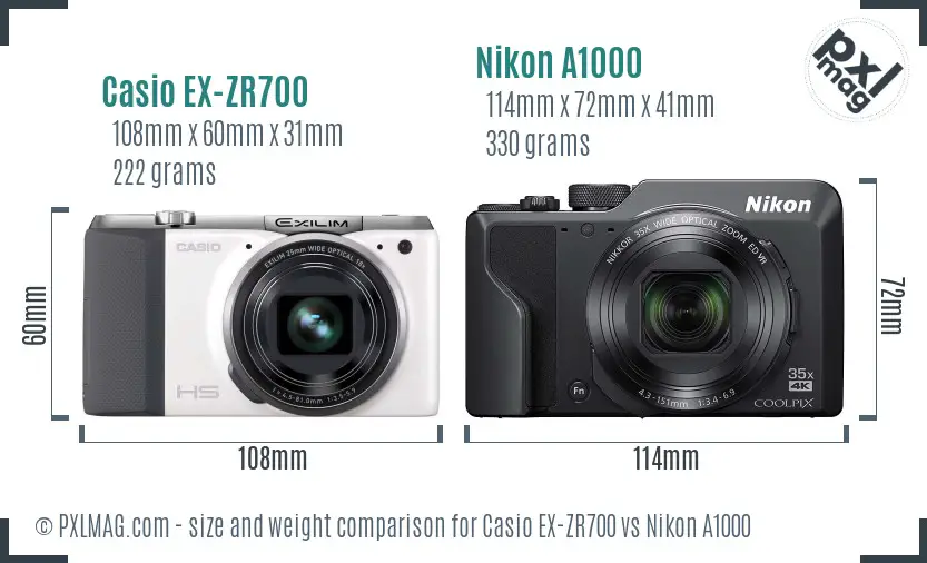 Casio EX-ZR700 vs Nikon A1000 size comparison