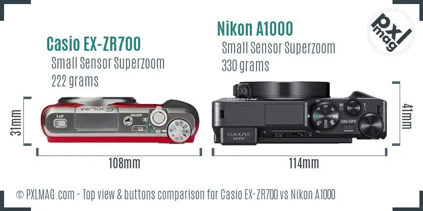 Casio EX-ZR700 vs Nikon A1000 top view buttons comparison