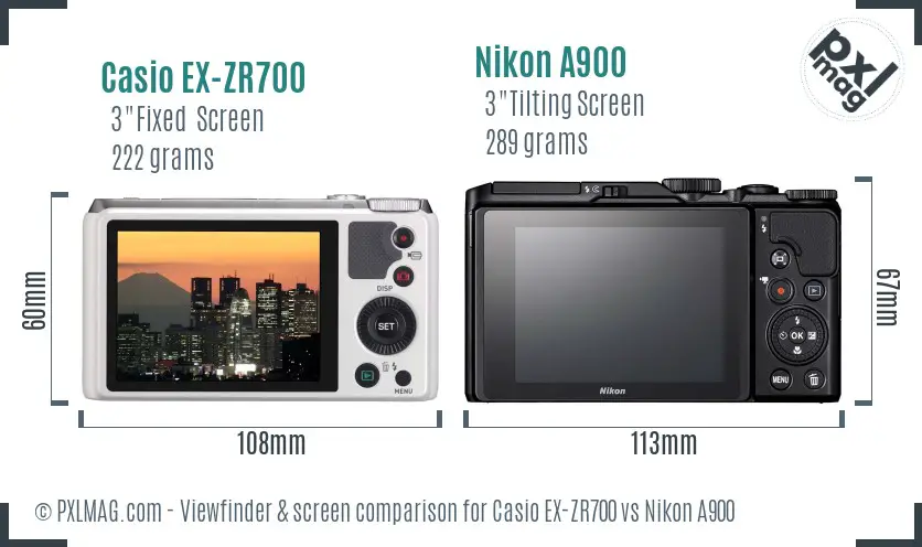 Casio EX-ZR700 vs Nikon A900 Screen and Viewfinder comparison