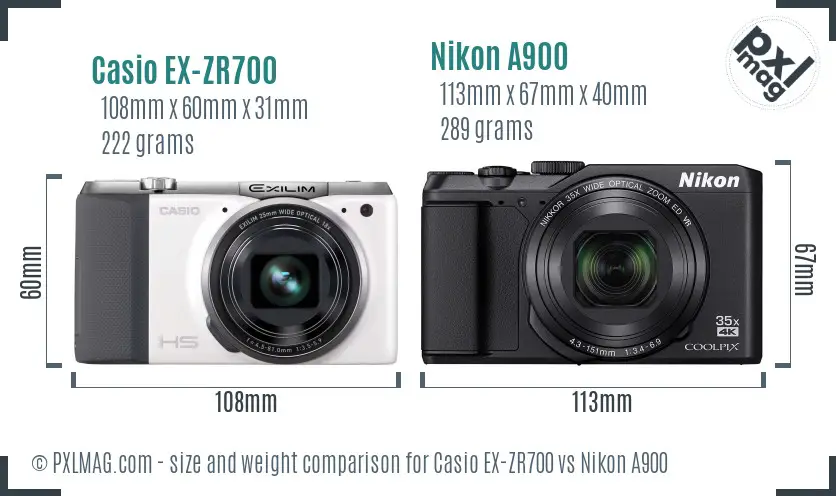 Casio EX-ZR700 vs Nikon A900 size comparison