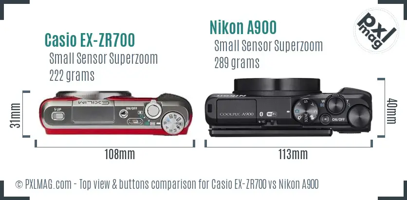 Casio EX-ZR700 vs Nikon A900 top view buttons comparison