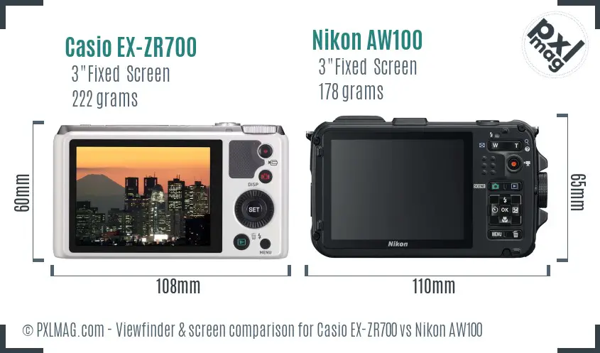 Casio EX-ZR700 vs Nikon AW100 Screen and Viewfinder comparison