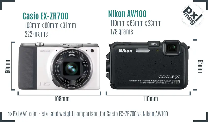 Casio EX-ZR700 vs Nikon AW100 size comparison