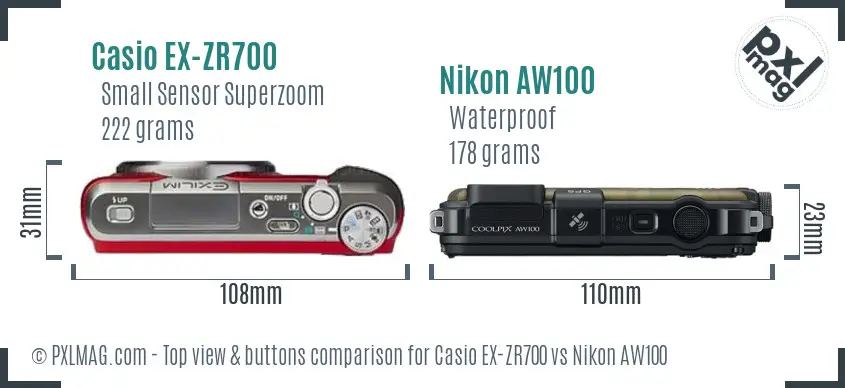 Casio EX-ZR700 vs Nikon AW100 top view buttons comparison