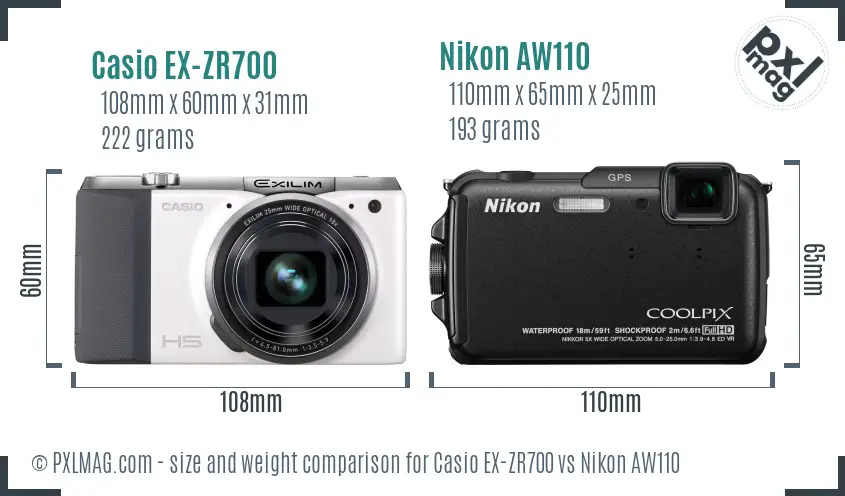 Casio EX-ZR700 vs Nikon AW110 size comparison