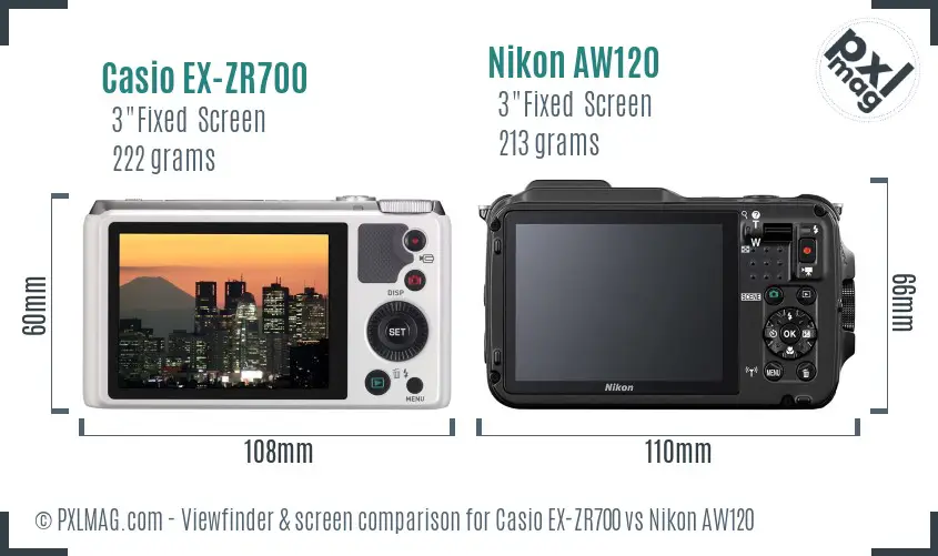 Casio EX-ZR700 vs Nikon AW120 Screen and Viewfinder comparison