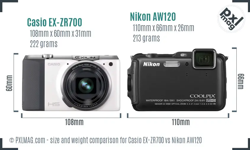 Casio EX-ZR700 vs Nikon AW120 size comparison