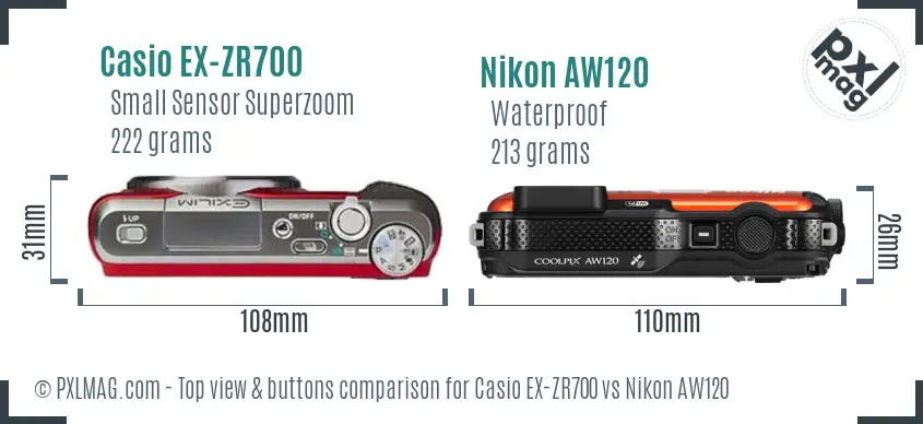 Casio EX-ZR700 vs Nikon AW120 top view buttons comparison