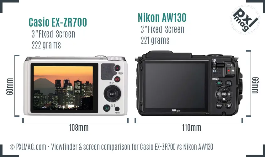 Casio EX-ZR700 vs Nikon AW130 Screen and Viewfinder comparison
