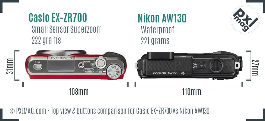 Casio EX-ZR700 vs Nikon AW130 top view buttons comparison