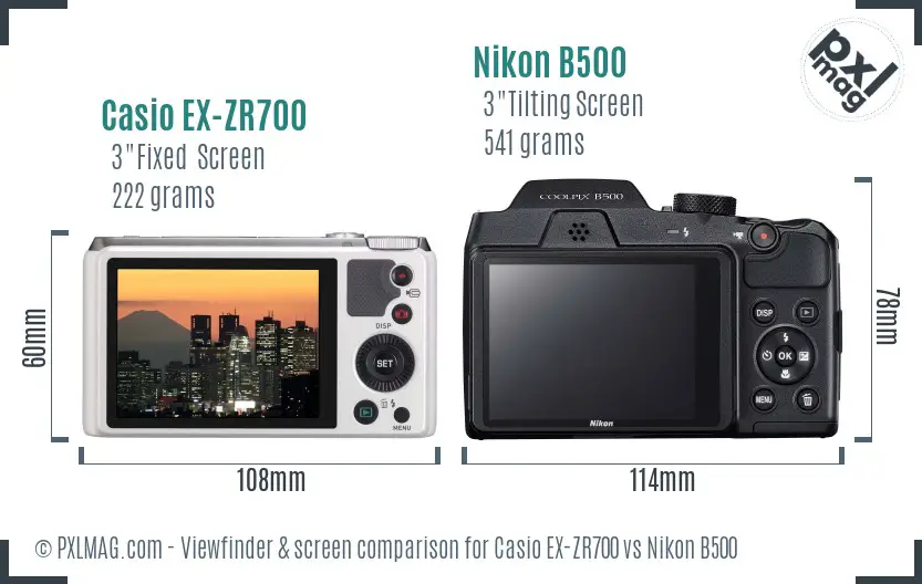 Casio EX-ZR700 vs Nikon B500 Screen and Viewfinder comparison
