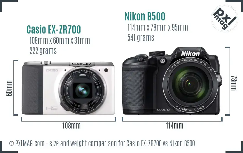 Casio EX-ZR700 vs Nikon B500 size comparison