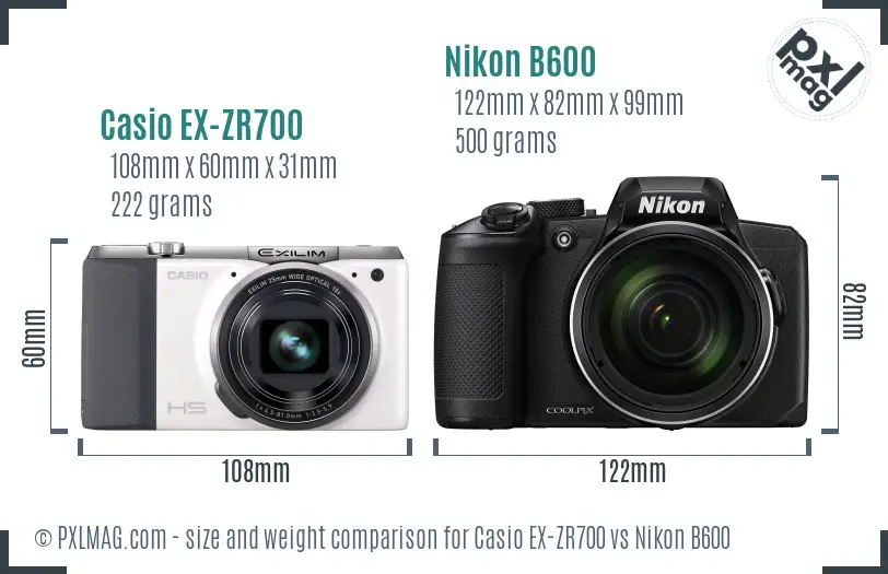 Casio EX-ZR700 vs Nikon B600 size comparison