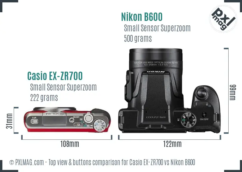 Casio EX-ZR700 vs Nikon B600 top view buttons comparison