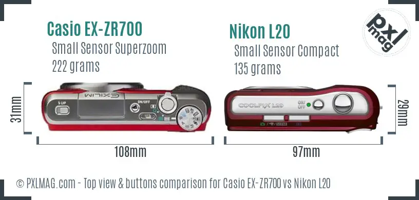 Casio EX-ZR700 vs Nikon L20 top view buttons comparison