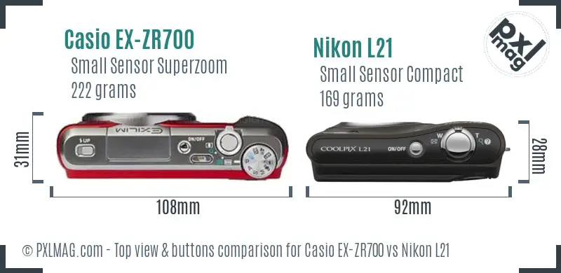 Casio EX-ZR700 vs Nikon L21 top view buttons comparison Casio EX-ZR700 vs Nikon L21 top view buttons comparison