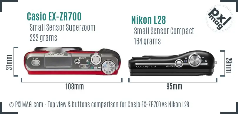 Casio EX-ZR700 vs Nikon L28 top view buttons comparison