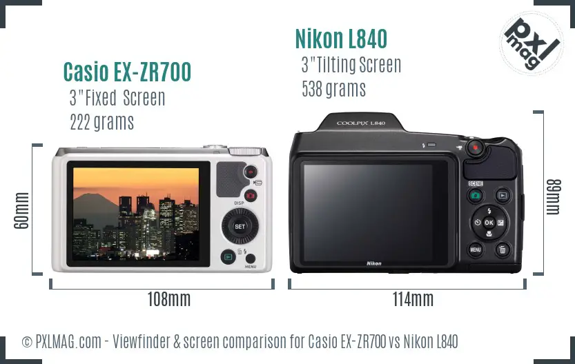 Casio EX-ZR700 vs Nikon L840 Screen and Viewfinder comparison