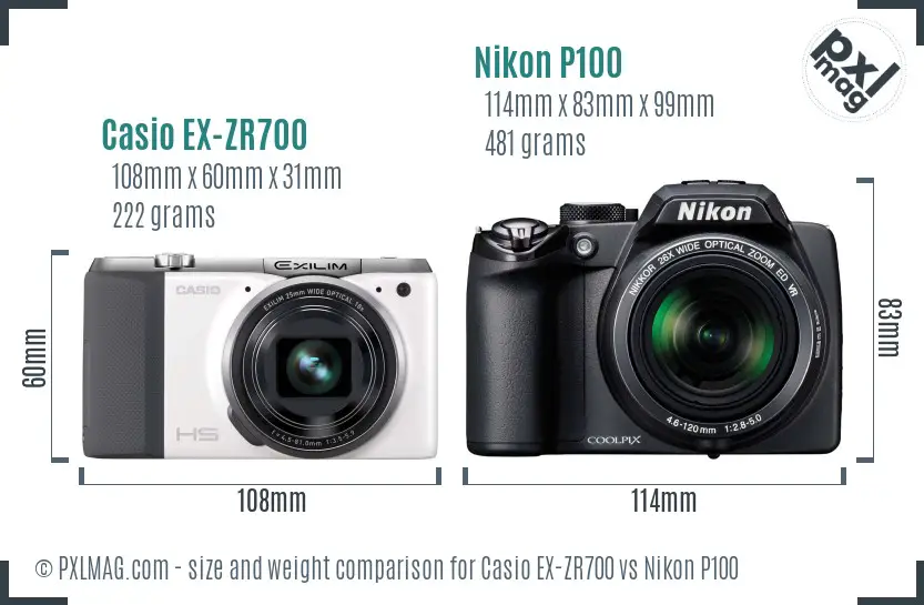 Casio EX-ZR700 vs Nikon P100 size comparison Casio EX-ZR700 vs Nikon P100 size comparison