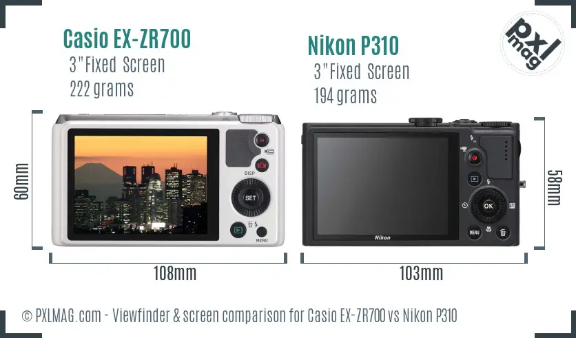 Casio EX-ZR700 vs Nikon P310 Screen and Viewfinder comparison