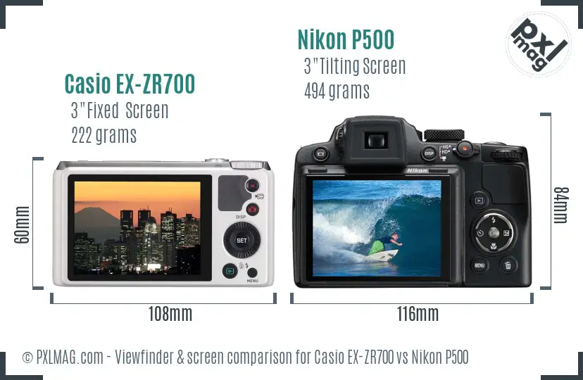 Casio EX-ZR700 vs Nikon P500 Screen and Viewfinder comparison