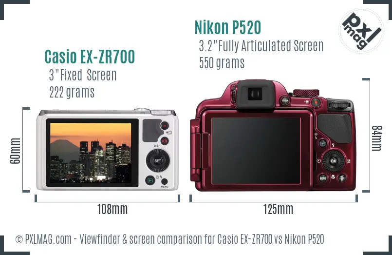 Casio EX-ZR700 vs Nikon P520 Screen and Viewfinder comparison