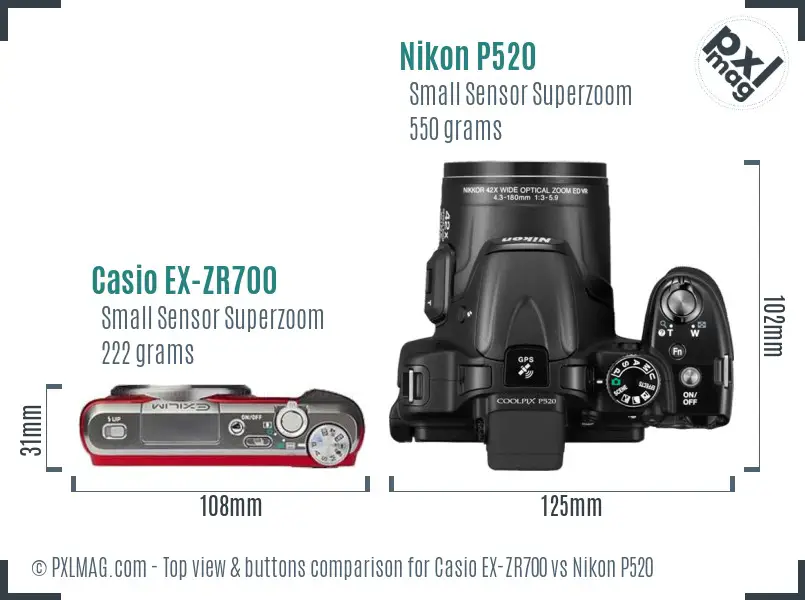 Casio EX-ZR700 vs Nikon P520 top view buttons comparison