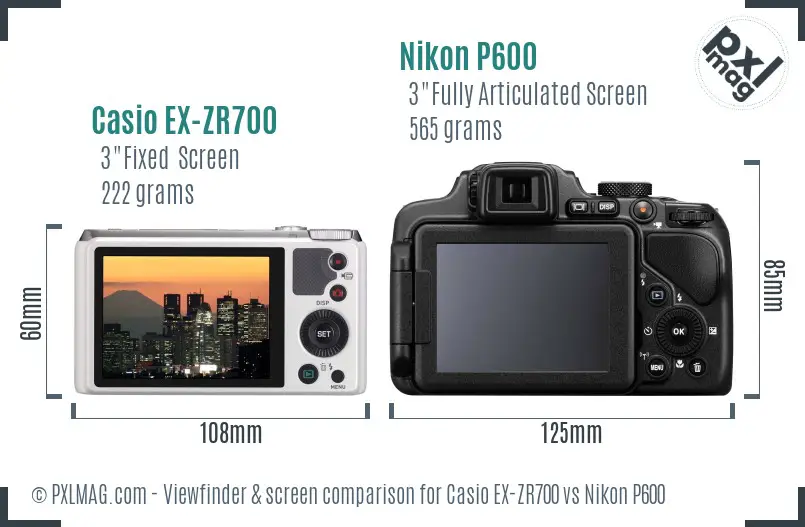 Casio EX-ZR700 vs Nikon P600 Screen and Viewfinder comparison