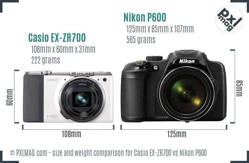 Casio EX-ZR700 vs Nikon P600 size comparison