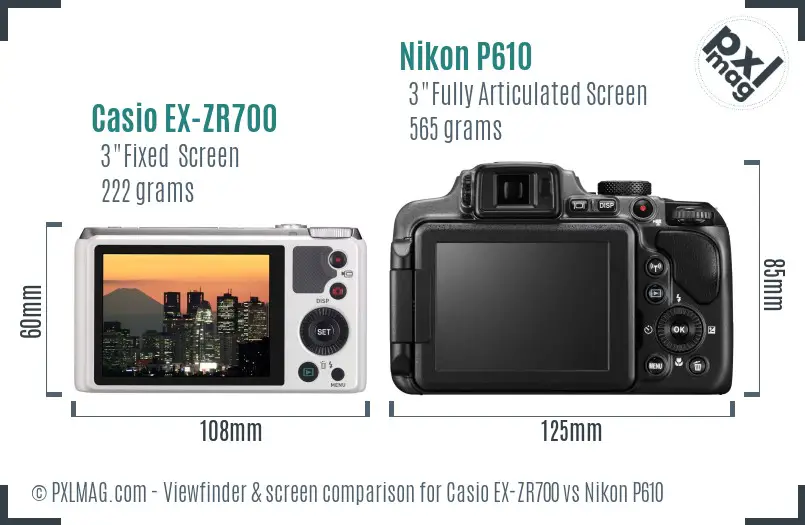 Casio EX-ZR700 vs Nikon P610 Screen and Viewfinder comparison