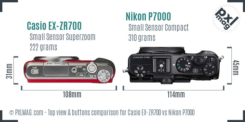 Casio EX-ZR700 vs Nikon P7000 top view buttons comparison