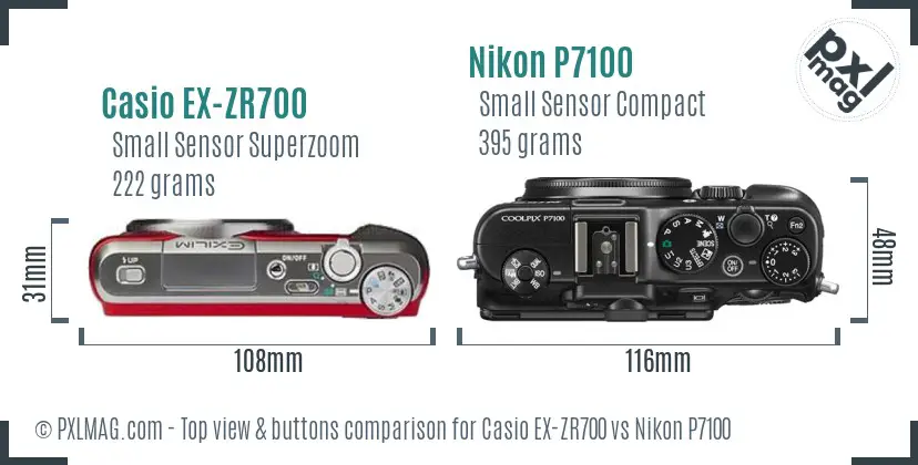 Casio EX-ZR700 vs Nikon P7100 top view buttons comparison Casio EX-ZR700 vs Nikon P7100 top view buttons comparison
