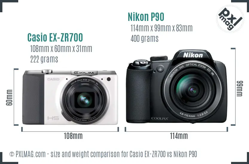 Casio EX-ZR700 vs Nikon P90 size comparison