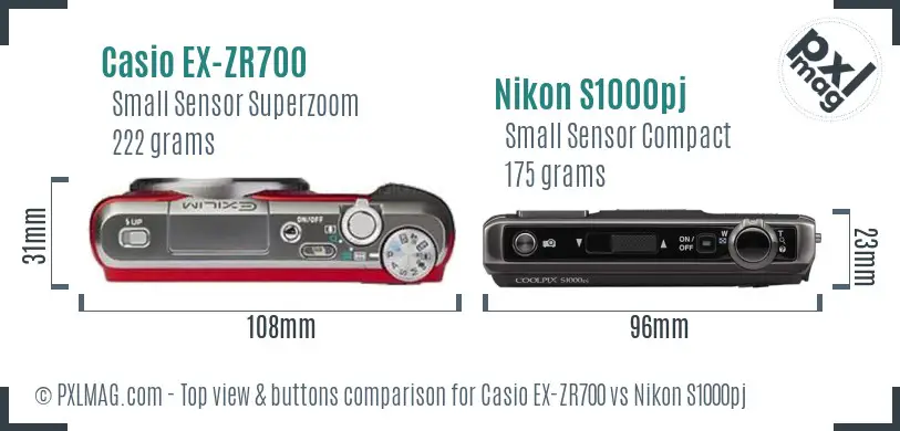 Casio EX-ZR700 vs Nikon S1000pj top view buttons comparison Casio EX-ZR700 vs Nikon S1000pj top view buttons comparison