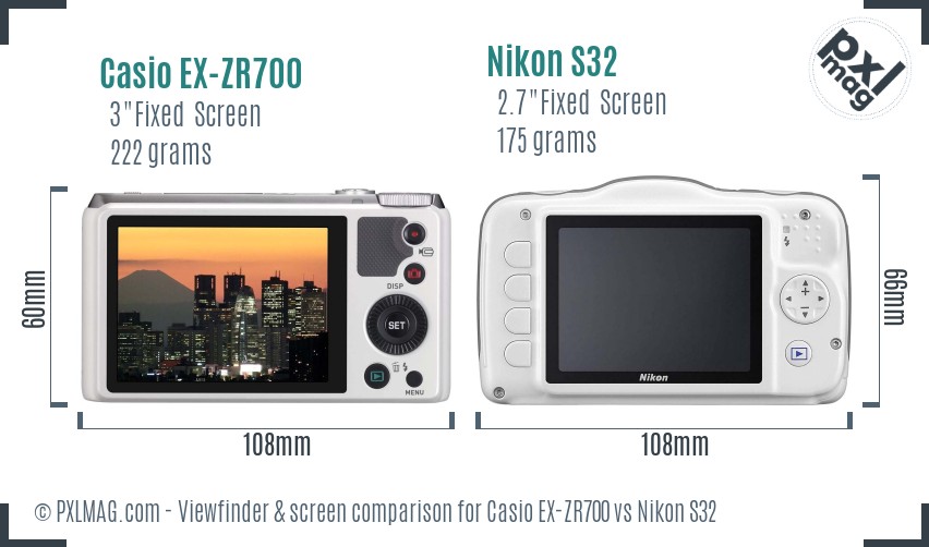 Casio EX-ZR700 vs Nikon S32 Screen and Viewfinder comparison